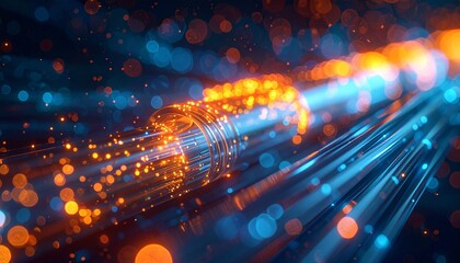 Abstract close-up of a fiber optic cable with glowing orange and blue lights, symbolizing high-speed data transmission, global communication, and the flow of digital information through the internet.