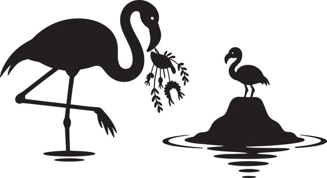 Flamingo silhouette standing on one leg bringing food to chick on mud nest mound in water lake
