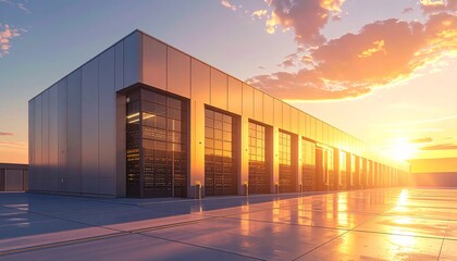 Exterior view of a modern data center building with server racks visible through glass windows at sunset. Concept of cloud computing, big data storage, and information technology infrastructure.