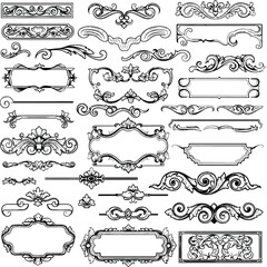 Set of vintage vector design elements featuring ornate victorian frames and floral calligraphic borders with retro scroll flourishes for classic ornamental page decoration