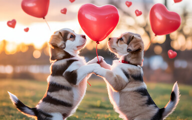 Cute dogs holding heart balloon Valentine concept