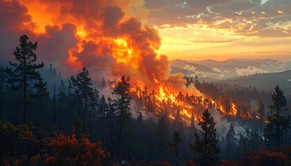 Naklejka premium Dramatic panoramic view of a massive wildfire raging through a pine forest on a mountainside at sunset. The sky is filled with thick orange smoke and glowing embers, creating an apocalyptic scene.