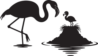 Tall flamingo parent standing near small chick on mound silhouette vector design © lok0077