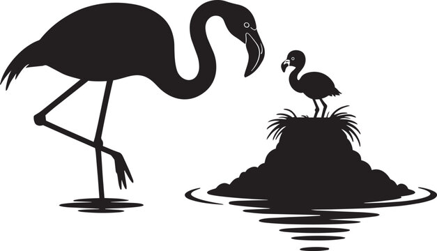 Tall flamingo parent standing near small chick on mound silhouette vector design