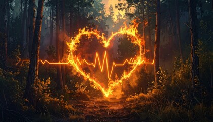 Conceptual art of a flaming heart symbol with a vibrant glowing heartbeat EKG line pulsating in a dark, mysterious forest. Represents passion, intense love for nature, and ecological vitality.