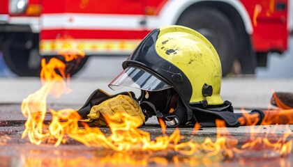 Fototapeta premium Firefighter's helmet and gloves on the ground with flames in the foreground after a rescue mission. Concept of bravery, danger, and emergency services with a fire truck in the background.