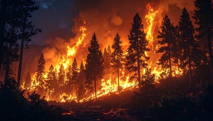 Dramatic night scene of a blazing forest fire on a mountain slope, with tall pine trees engulfed in orange flames under a dark, smoky sky. Concept of natural disaster and climate change.