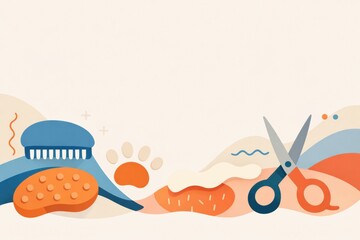Fun and Creative Design Featuring Grooming Tools and Pet Accessories Set Against a Light Background in a Playful Arrangement
