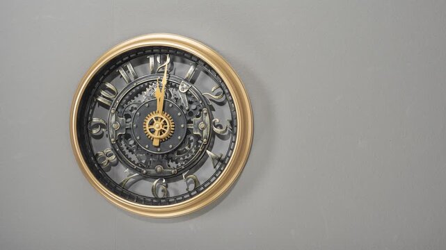 Time-lapse video of a vintage wall clock with visible gears showing the passage of time. Clean background with ample copy space, ideal for text overlays, countdowns, or conceptual time visuals.