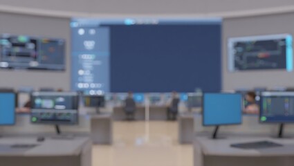 Defocused Operations Control Room with Multi-Screen Monitoring and Modern Command Center Interior