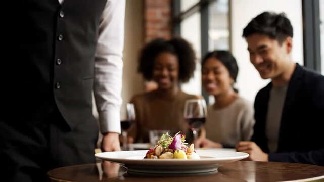 A server presents a gourmet plate to diners in a restaurant. Focus on food, service, and patrons