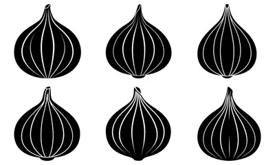Five black and white onion silhouettes on a white background vegetable