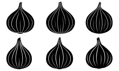 Five black onion silhouettes on white background vegetable food