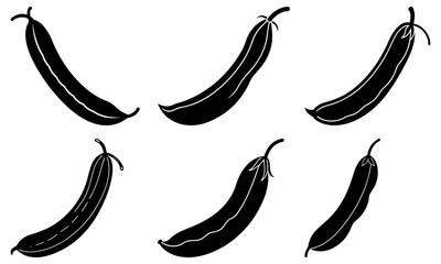 Five black eggplant silhouettes on white background vegetable outline
