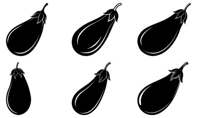 Five Black Eggplant Silhouettes on White Background vegetable