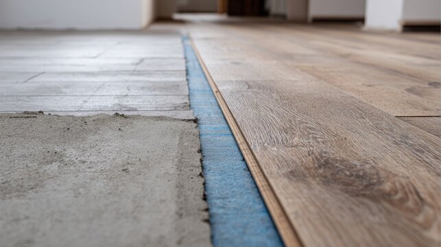 Close-up of laminate wood flooring installation with blue underlayment on concrete subfloor during home renovation