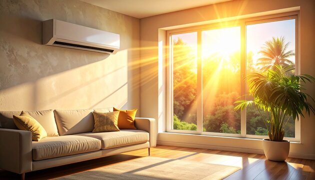 Modern living room with air conditioner cooling the space during a hot summer day. Bright sunlight streams through the window, highlighting the comfortable sofa and creating a cozy, cool indoor oasis.