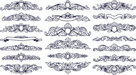 Set of vintage decorative vector elements featuring calligraphic floral frames, ornate borders, and retro scroll ornaments for elegant wedding card design