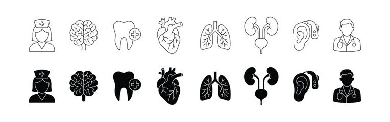 Human organ anatomy icon set. Medical and health care icon collection of brain, heart, lungs, stomach and kidneys. Vector illustration.
