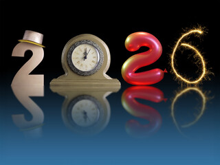 3d render of A festive New Year scene featuring the numbers 2026, a vintage clock, a sparkler, and a glittering hat. Reflective surface and dark backdrop convey celebration, time, and renewal.