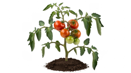 Tomato plant with green leaves and red tomatoes isolated on a transparent background