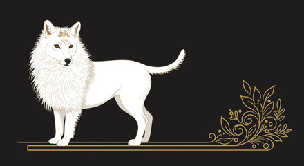 Elegant White Wolf Illustration with Ornate Golden Flourish and Dark Background