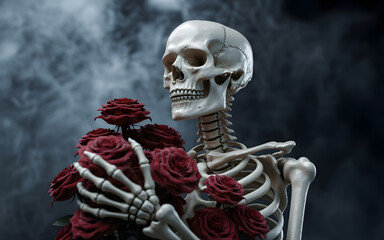 Skeleton holding red roses &ndash; love and death concept