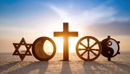 Symbols of world religions against a sunset backdrop.