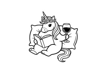 Hand-Drawn Unicorn with Wine and Book Illustration, Black and White Minimalist Magical Reading Vector Art generative ai 