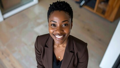a smiling black woman with short hair wearing a brown blazer jacket in the office, view from above