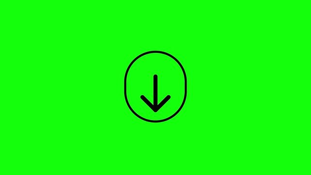 A clean black downward arrow icon inside a thin black circle, smoothly animating downward with a subtle looping motion on a solid bright green chroma key background, flat minimalist design, centered.