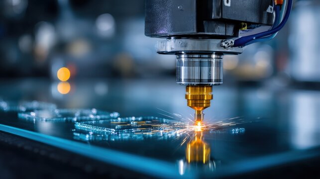 High precision industrial CNC laser cutting machine processing metal sheet with bright sparks in factory workshop - Powered by Adobe