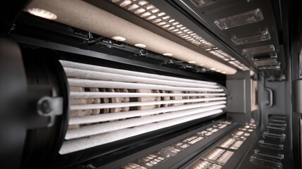 Internal view of a sophisticated industrial cooling system with layered fins and integrated lighting