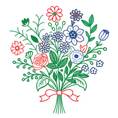 Colorful bouquet of red and pink flowers on a decorative floral background in a natural vector illustration style