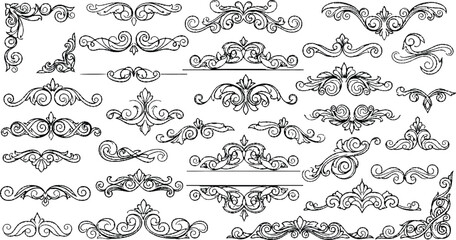 Set of decorative vintage design elements featuring calligraphic floral borders, ornate Victorian scrolls, and vector ornaments for elegant invitation page decoration