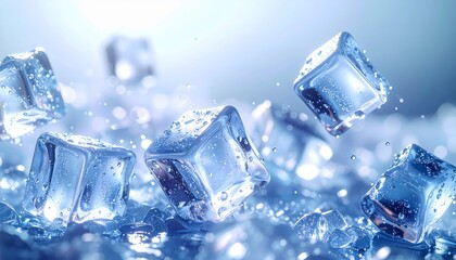 Obraz premium Crystal clear ice cubes with water drops falling and splashing in a bright, cool blue environment, creating a very refreshing and clean abstract background. Concept of coolness and winter.