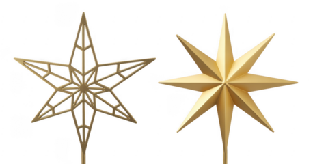 Two gold star ornaments Christmas isolated on a transparent background