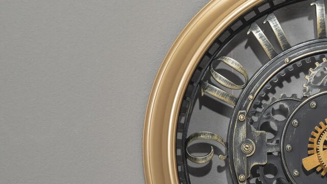 Time-lapse video of a vintage wall clock with exposed gears as the camera pans from left to right while slowly zooming out. Clean background with clear copy space, ideal for text overlays and time 