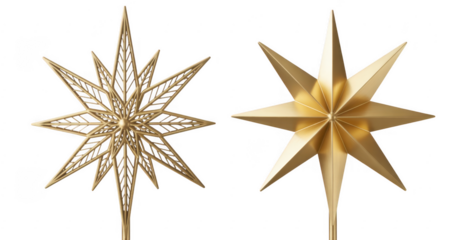 Two gold star tree toppers Christmas isolated on a transparent background