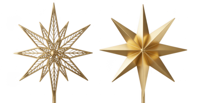 Two gold star tree toppers Christmas isolated on a transparent background - Powered by Adobe