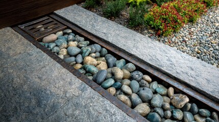 Modern outdoor trench drain filled with decorative river pebbles in a stone patio landscape design