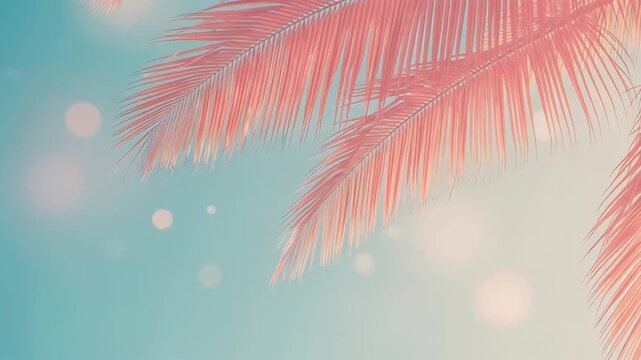 A serene tropical scene featuring palm trees against a pastel blue background with soft bokeh lights
