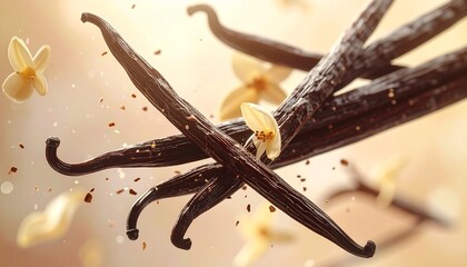 A captivating close-up of fresh aromatic vanilla pods and delicate blooming flowers floating gracefully on a warm, golden background. This high-quality image evokes a sense of natural spice and flavor
