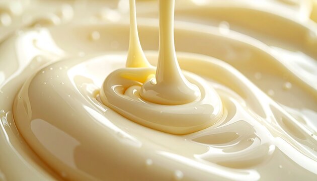 Macro shot of creamy white chocolate or condensed milk being poured, creating smooth, glossy swirls and ripples. Abstract background of a delicious sweet liquid dessert ingredient for confectionary.