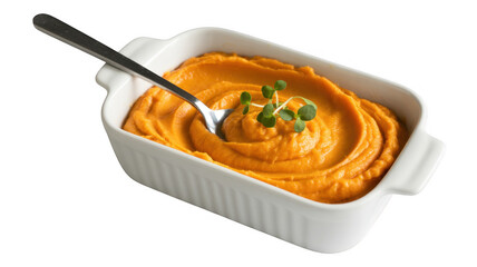 White baking dish with orange mashed sweet potatoes and microgreens isolated on a transparent background