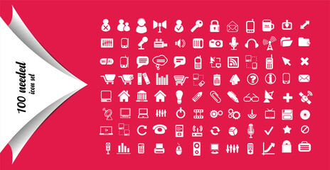 100 Essential Flat White Icons Collection for Web and App