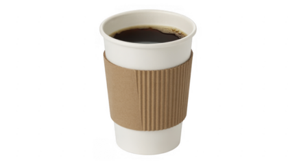 White coffee cup with brown sleeve isolated on a transparent background