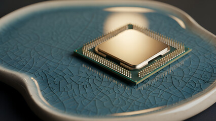 A close-up of a digital electronic computer chip and metal circuit processor on a black credit card represents modern business data communication and memory technology equipment