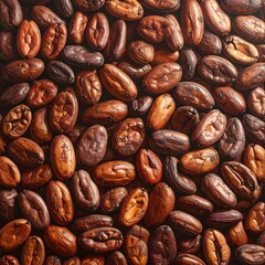 Obraz premium Top-down close-up shot of high-quality roasted cocoa beans forming a textured background. Detailed view of organic cacao seeds, the main ingredient for chocolate. Natural and aromatic food concept.