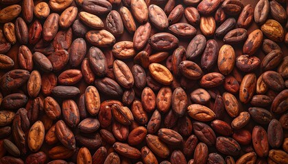 Naklejka premium Top-down view of roasted cocoa beans, showcasing their rich brown textures. This full-frame background highlights organic cacao seeds, the primary ingredient for making delicious chocolate.